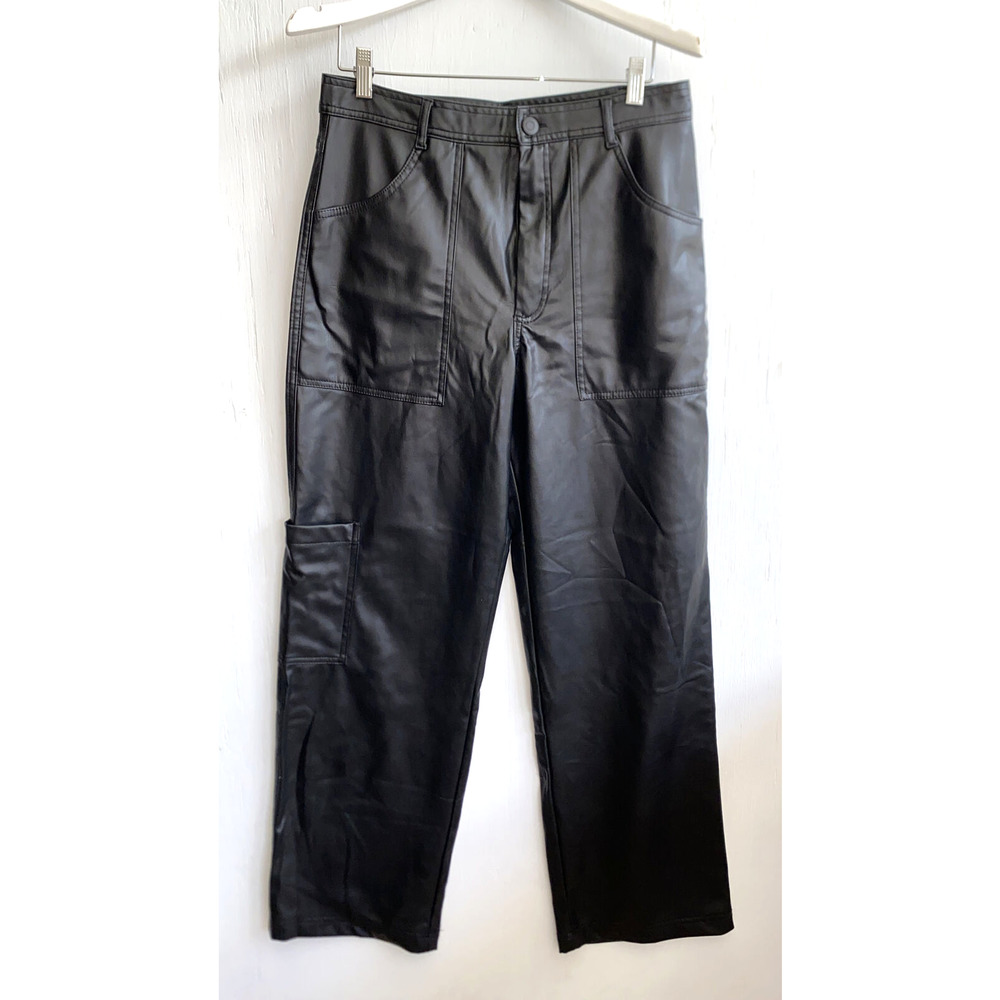 ZARA Black Faux Leather Wide Leg Cargo Pants High Waist Size L